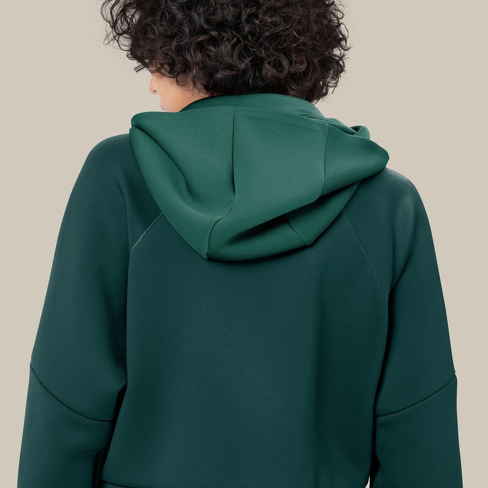 Women&rsquo;s green hoodie psd mockup winter fashion studio shoot
