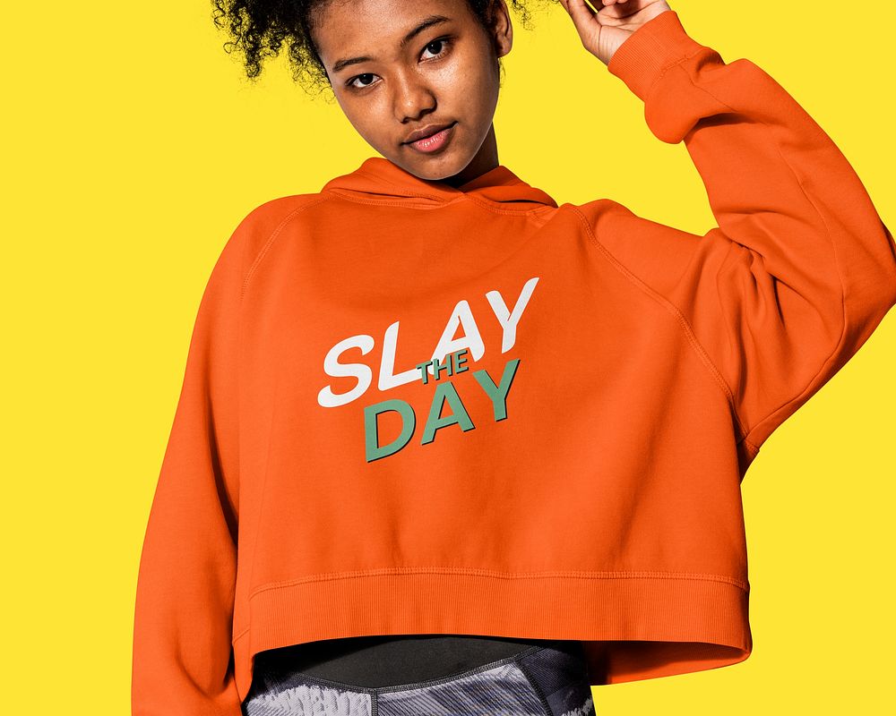 Trendy orange hoodie psd mockup with Slay The Day quote street fashion