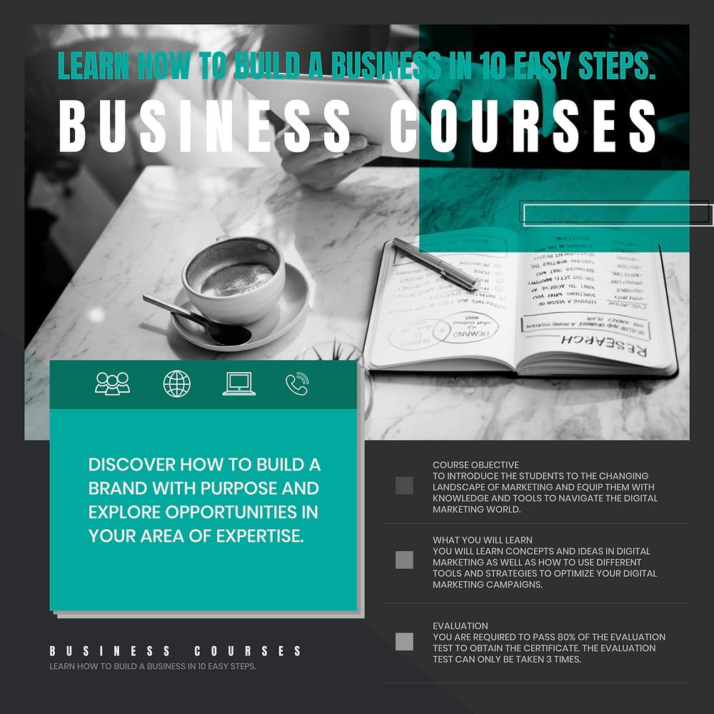 Business courses Instagram post template, education ad vector