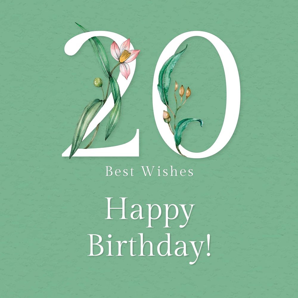 20th birthday greeting illustration with floral number