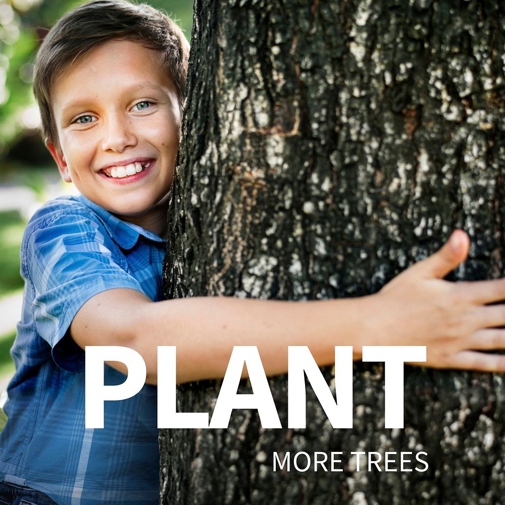 Environment template vector with child hugging plant