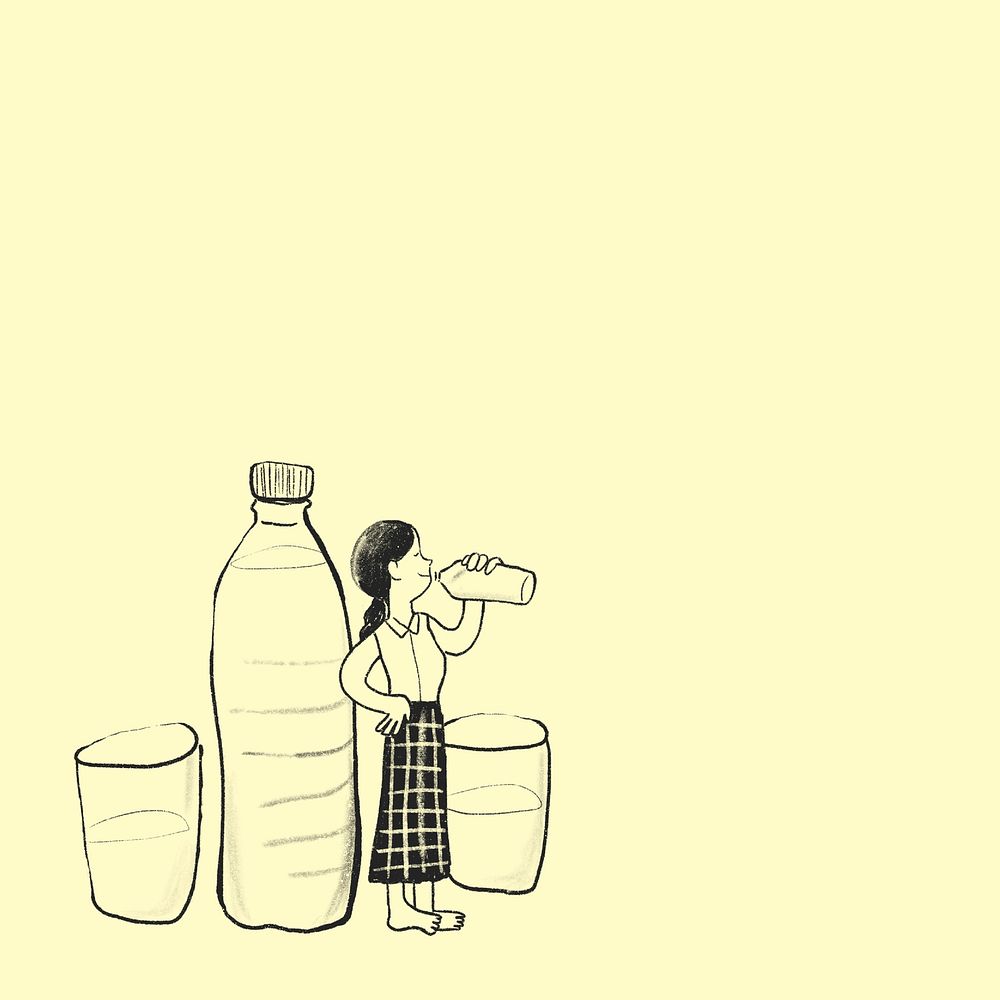 Healthy dairy habits background woman drinking water healthcare doodle