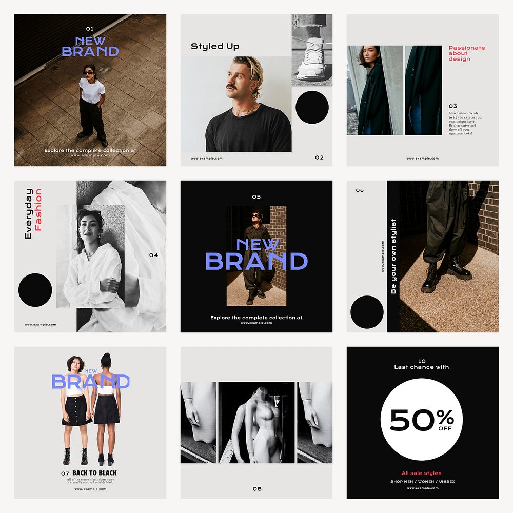 Fashion branding Instagram post template, editable design set psd