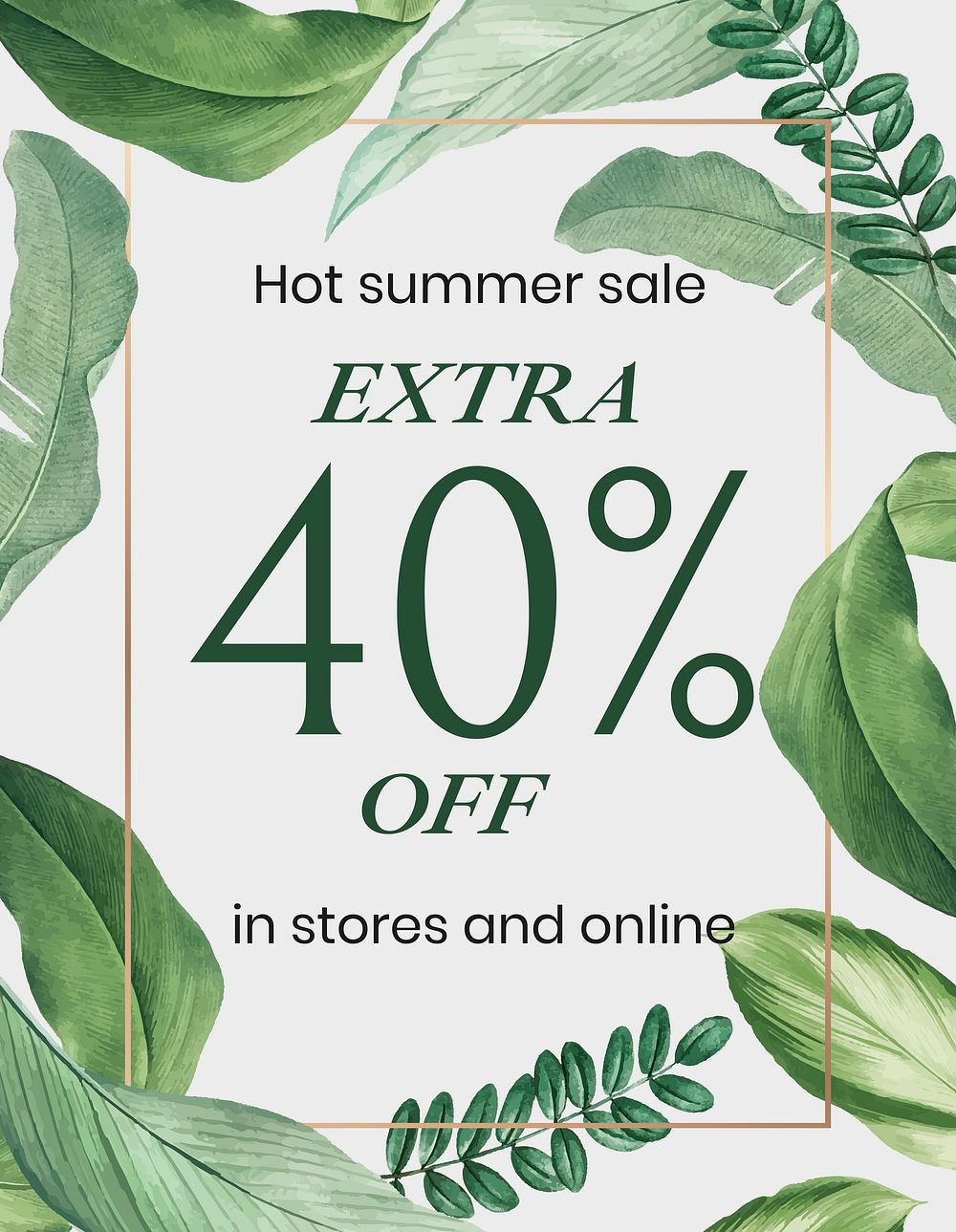 Summer sale flyer template, tropical leaves, editable text vector