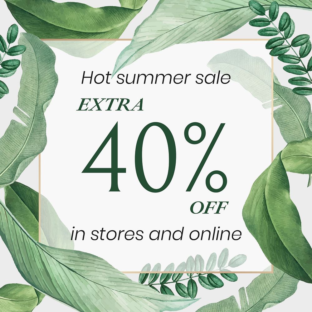 Summer sale facebook ad template, tropical leaves, editable text vector