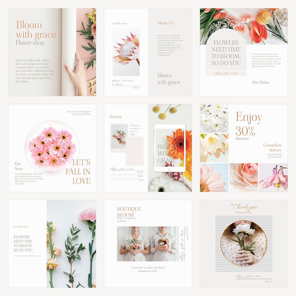 Flower business Instagram post template set vector