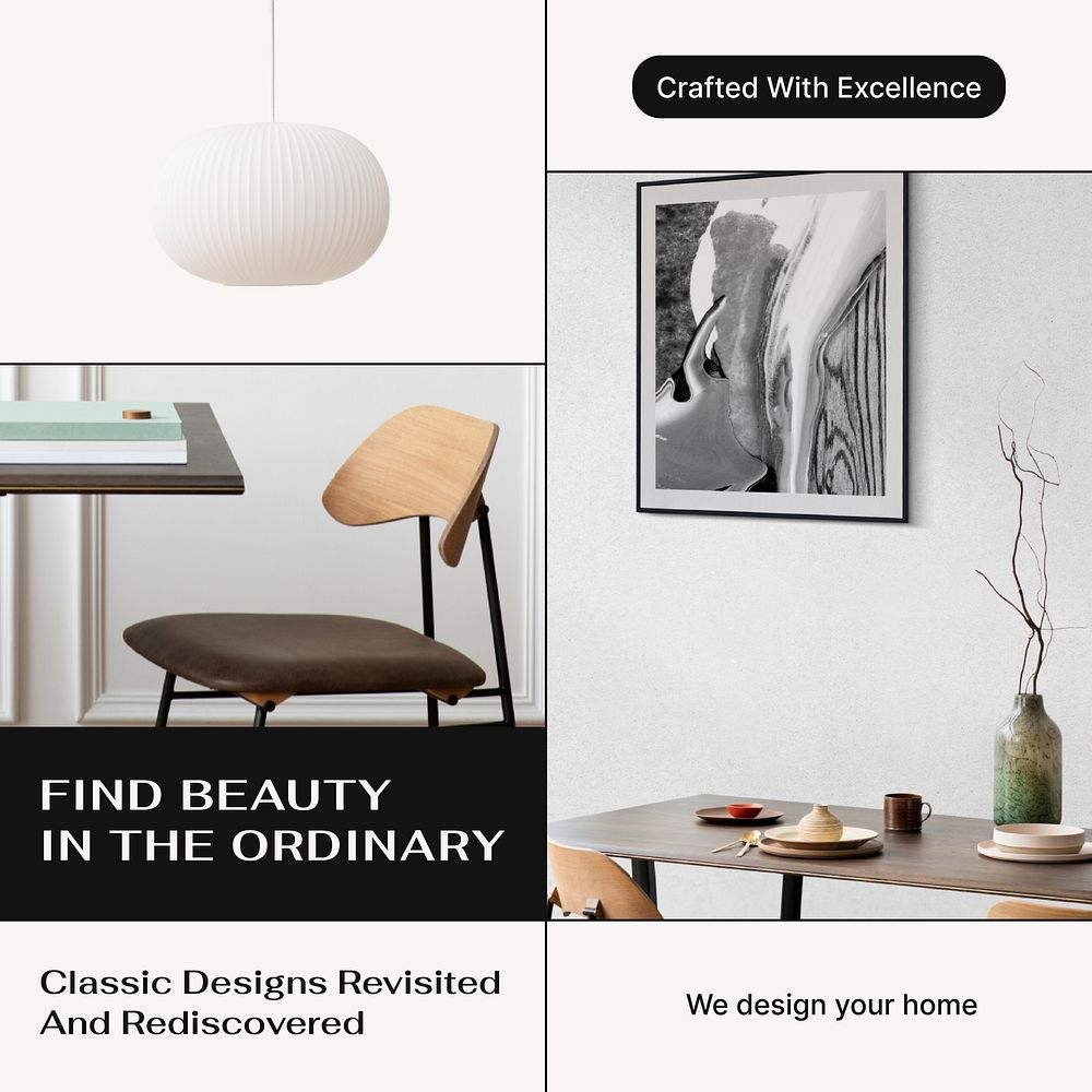Home interior Instagram post template, photo collage design vector