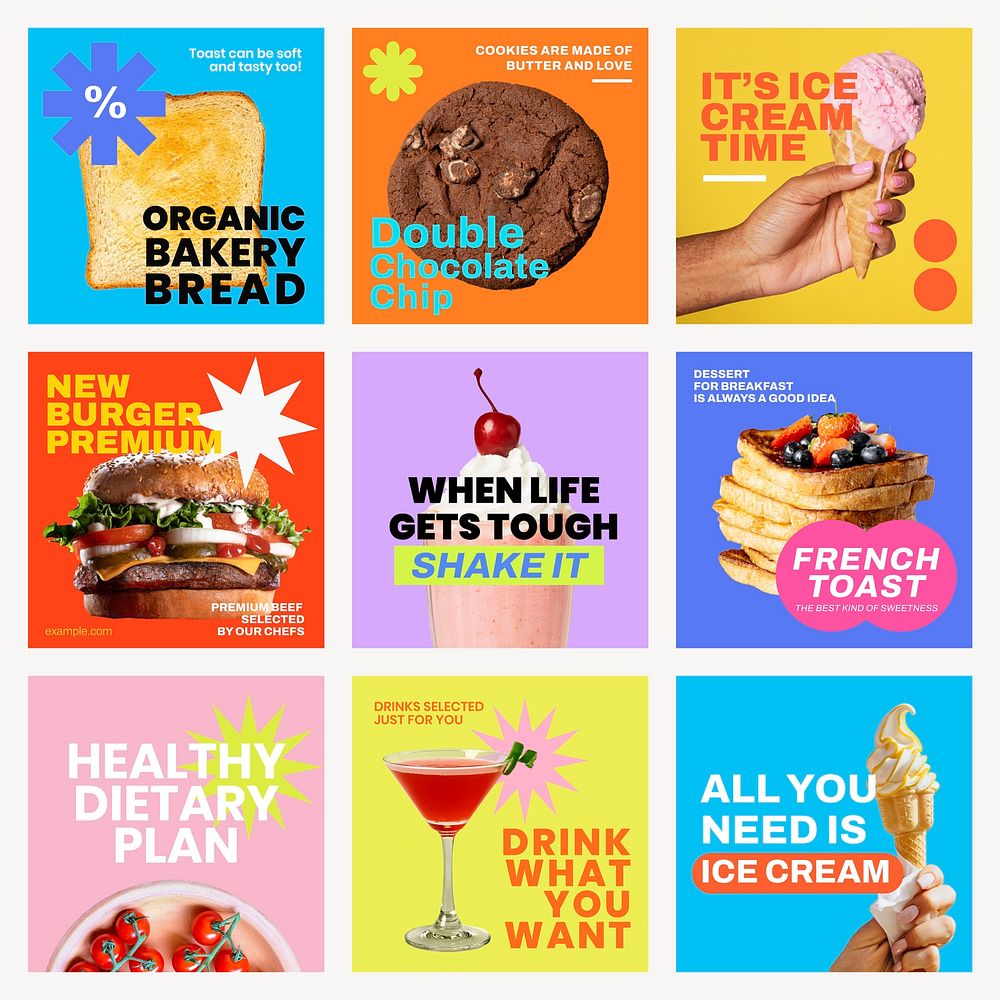 Funky food Instagram post template, colorful design set psd