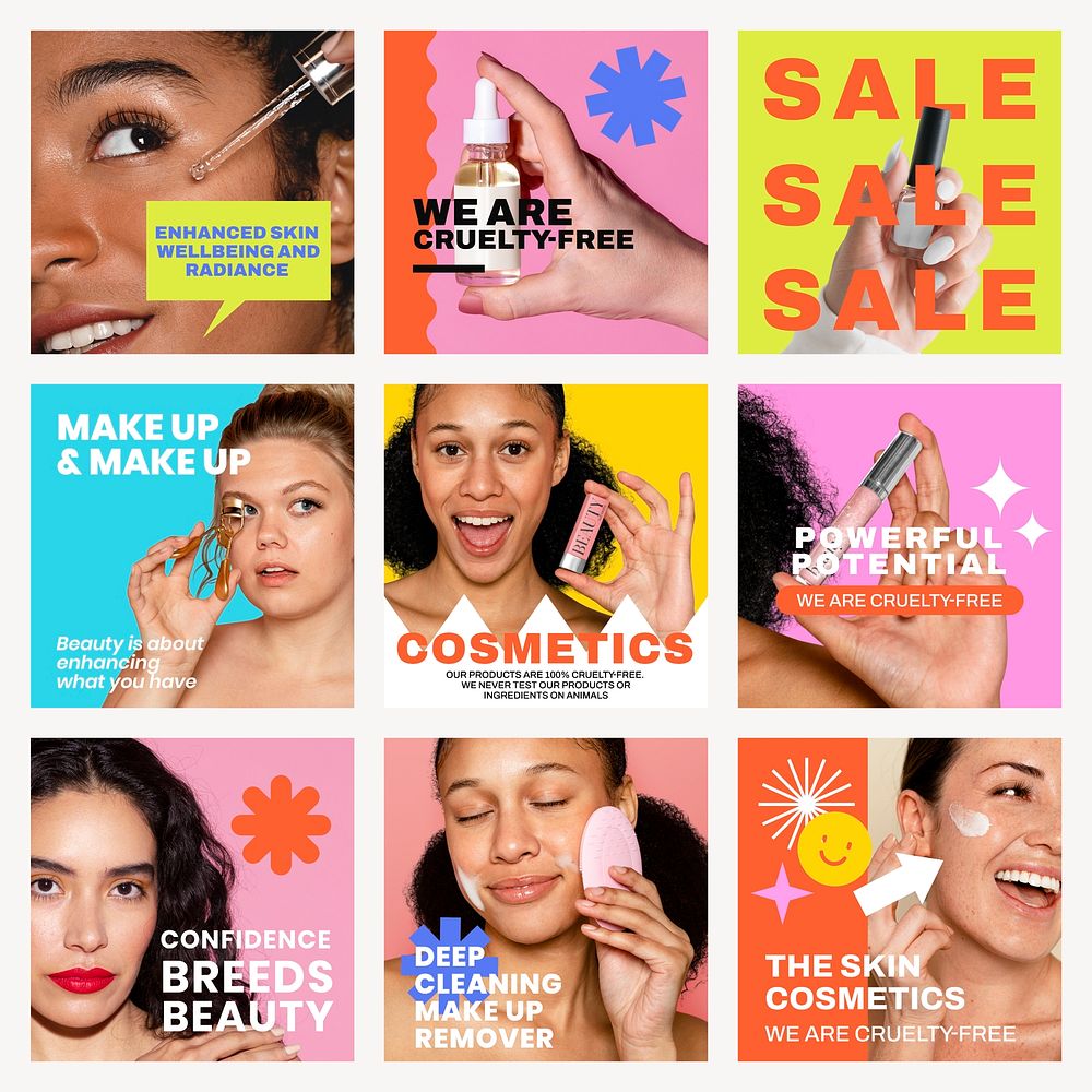 Beauty branding Instagram post template, Memphis design set psd