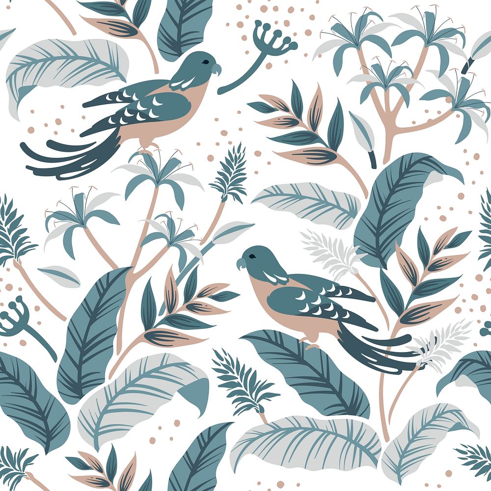 Green botanical pattern background, bird design 
