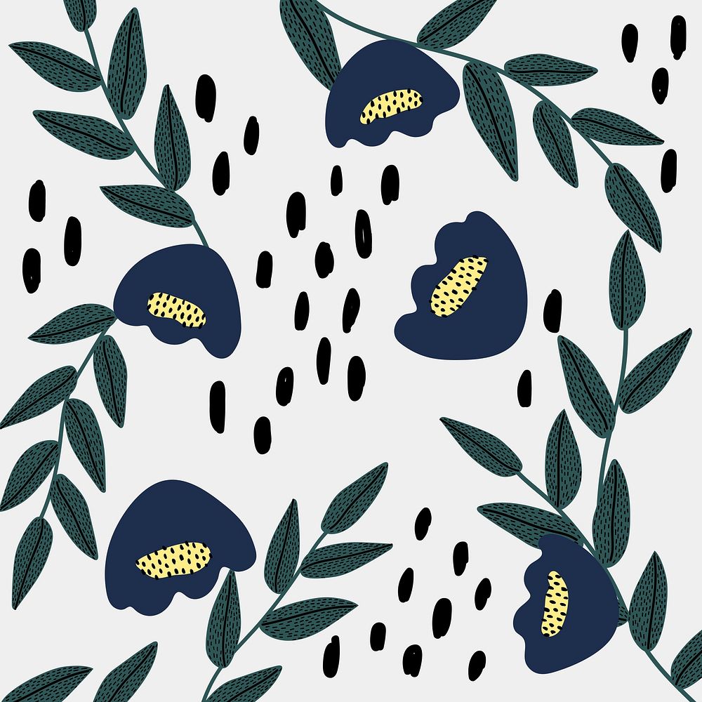 Blue flower patterned background, doodle botanical illustration