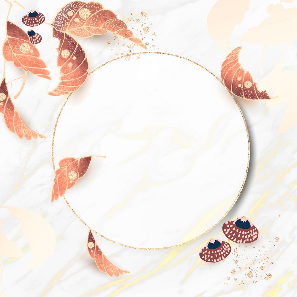 Round gold frame with leaf motifs on a white marble background vector