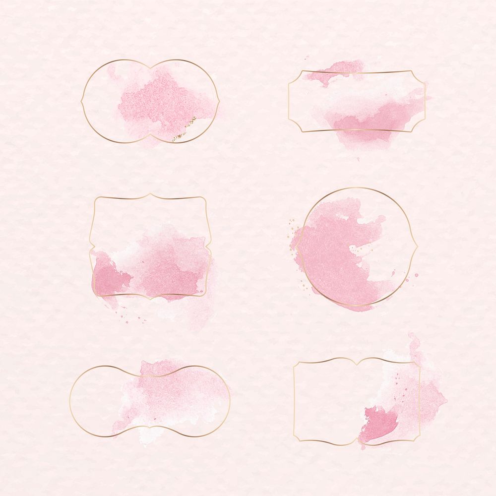 Gold badge with pink watercolor paint set illustration