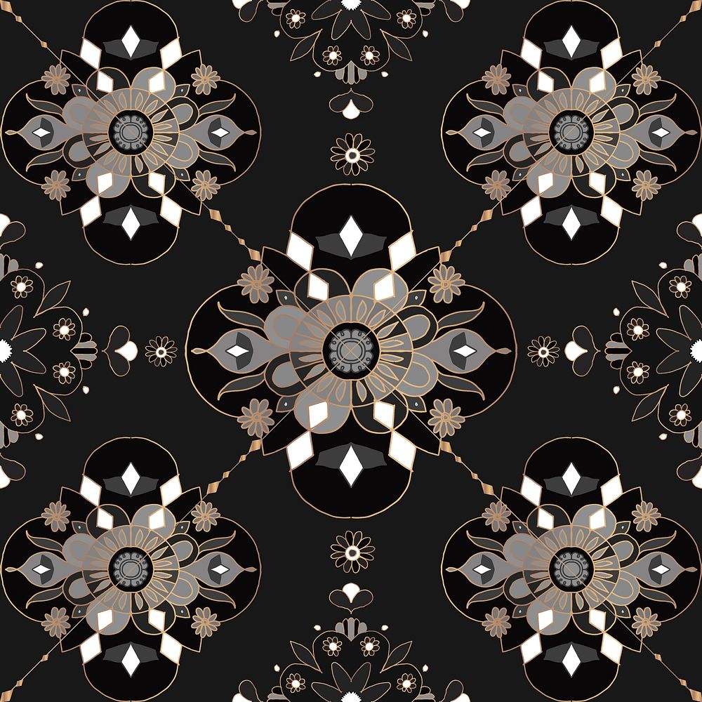 Mandala black seamless botanical pattern background
