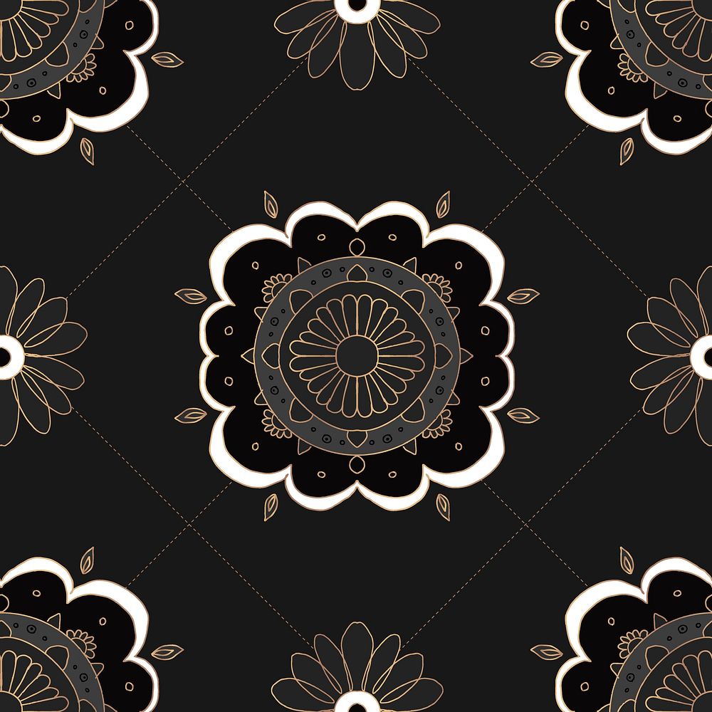 Mandala black seamless botanical pattern background