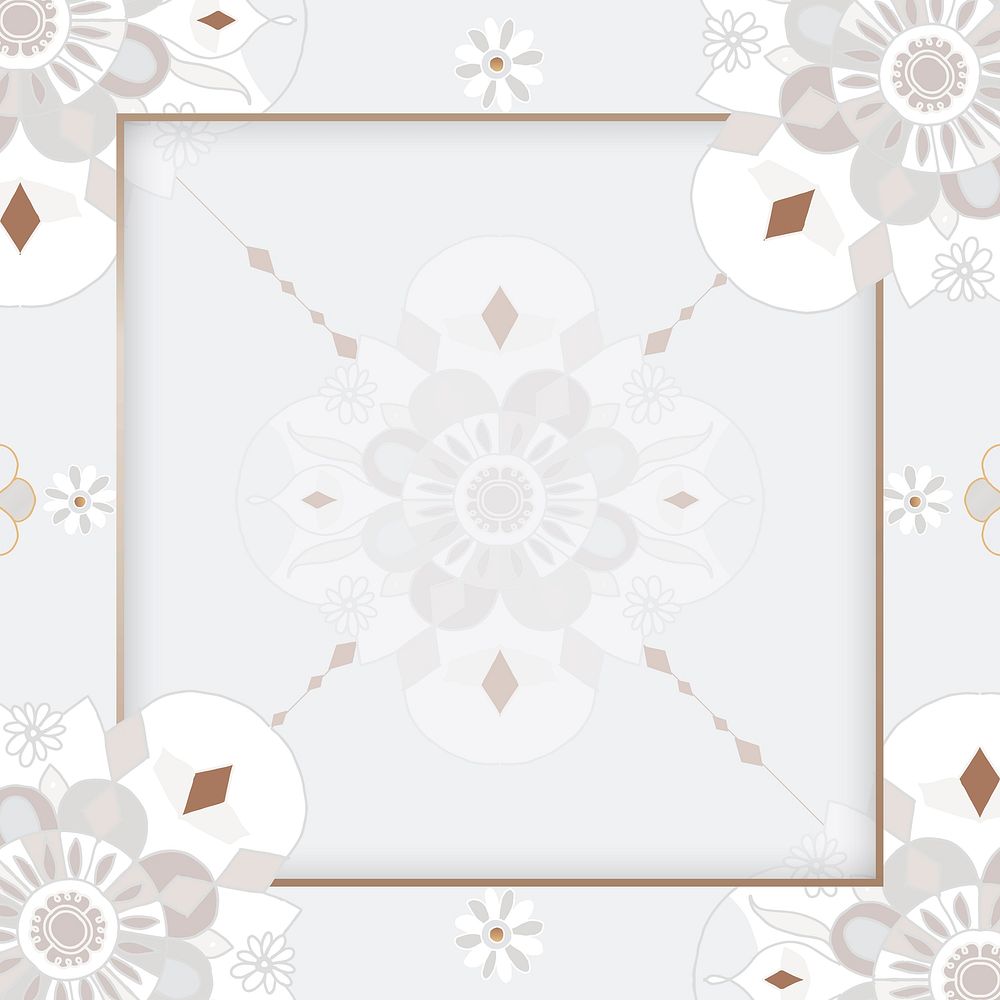 Indian Mandala pattern border frame gray botanical background
