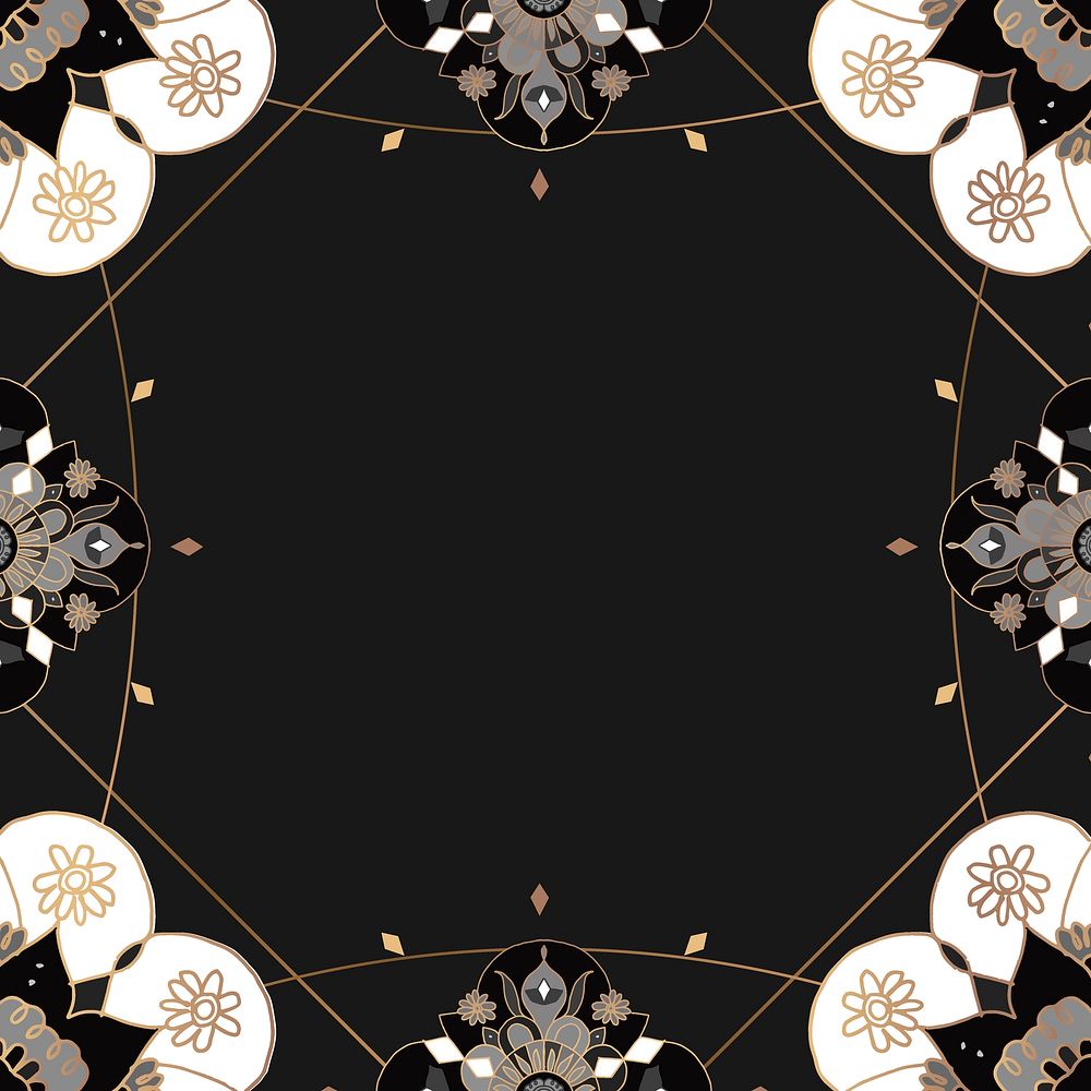Indian Mandala pattern frame black botanical background
