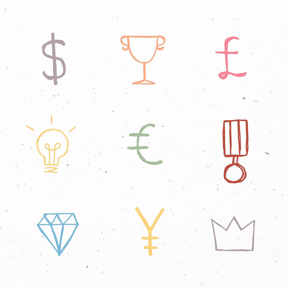 Colorful psd currency symbols icons doodle set