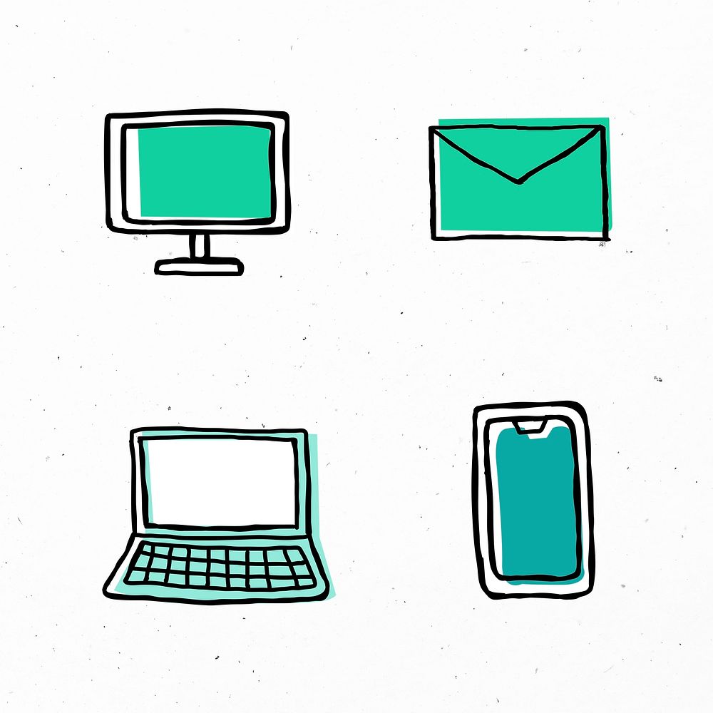 Green computers icons psd with doodle art design set