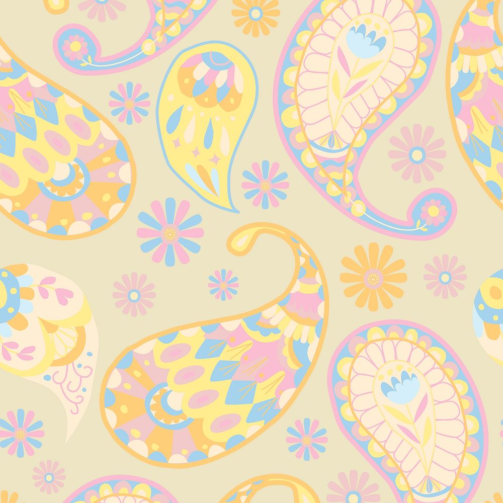 Pastel yellow paisley pattern seamless background illustration