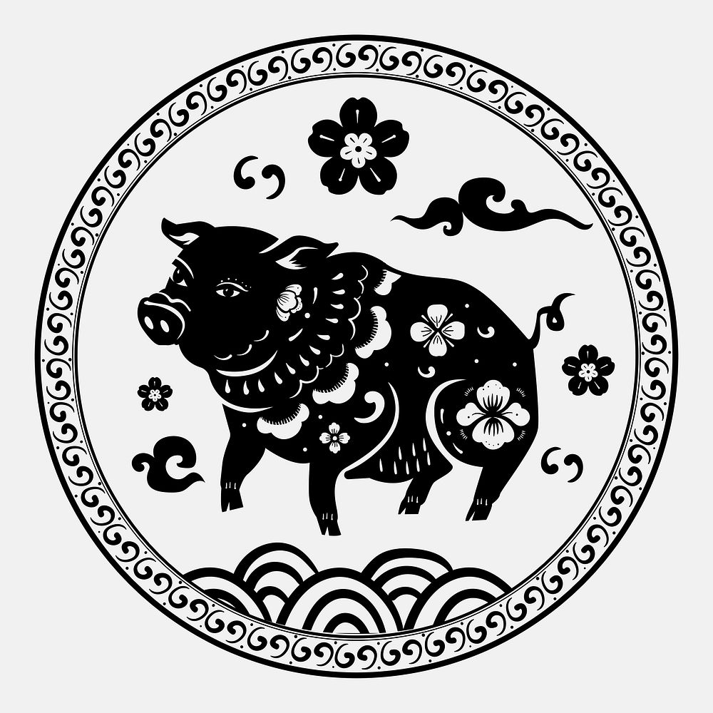 Year of pig badge psd black Chinese horoscope animal