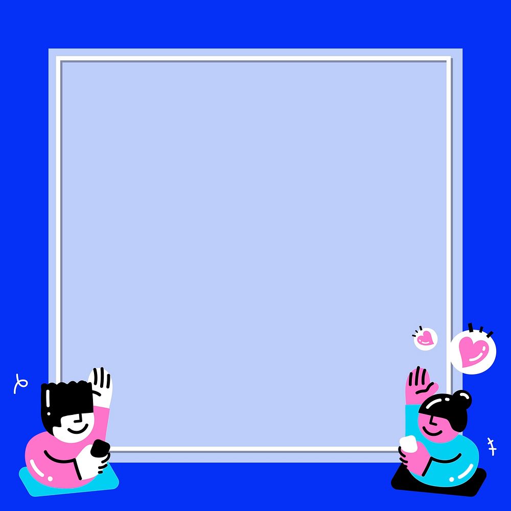 Man and woman avatars sending love via social media frame in vivid pink and blue