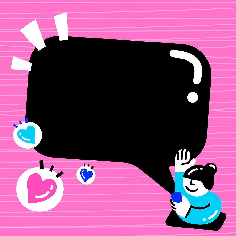 Social media speech bubble with cute avatar and multiple hearts