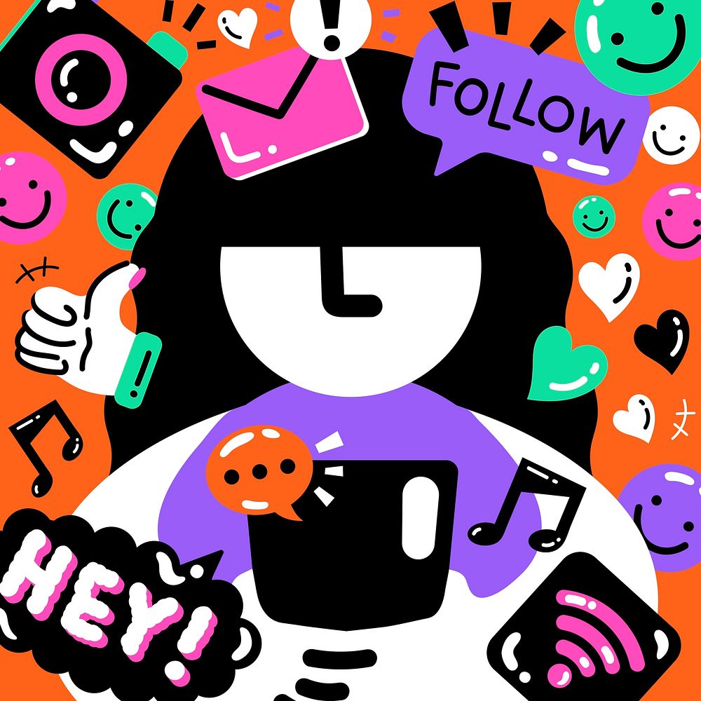 Social media addiction graphic in cute orange funky style