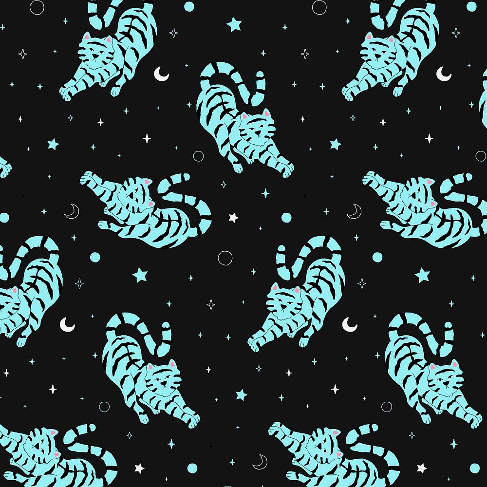 Pattern of blue tigers stretching on black background