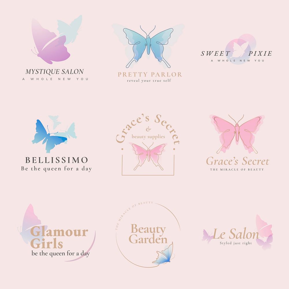 Butterfly beauty salon logo, pastel feminine design with slogan set