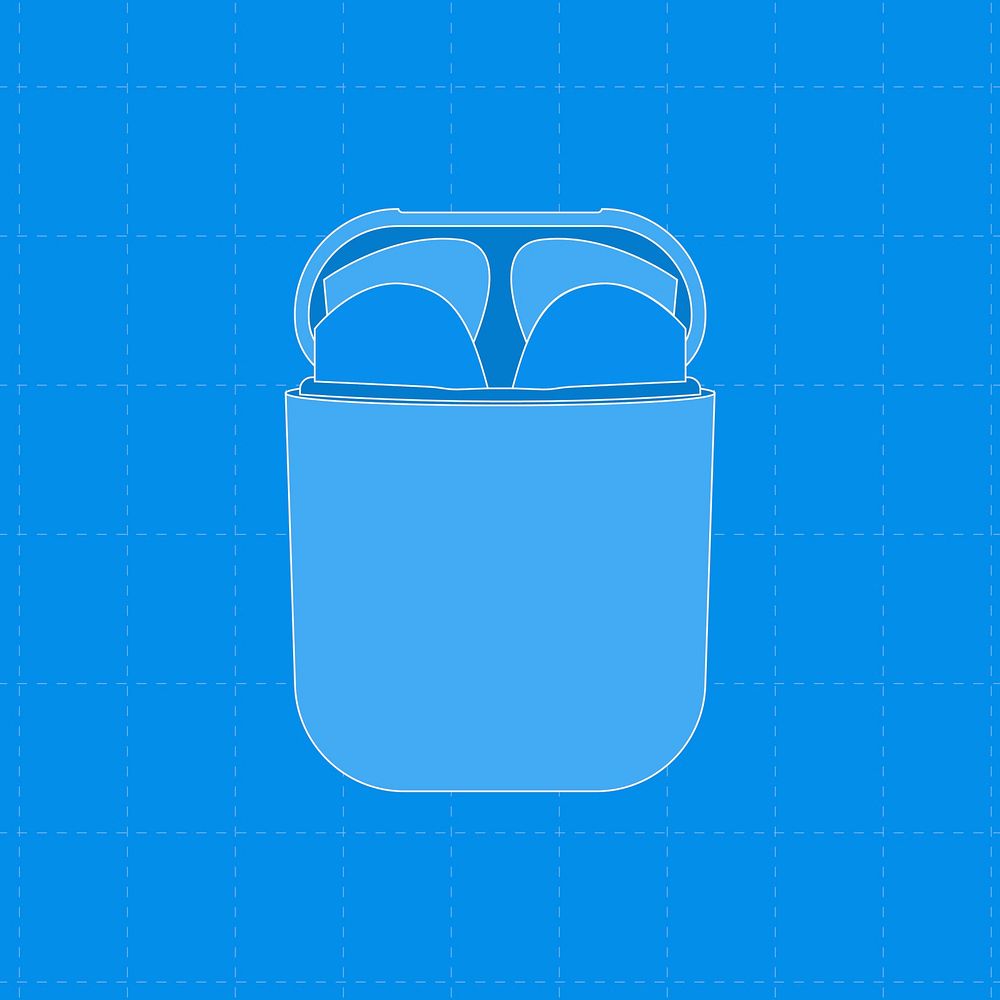 Wireless earbuds outline, blue case, entertainment device illustration