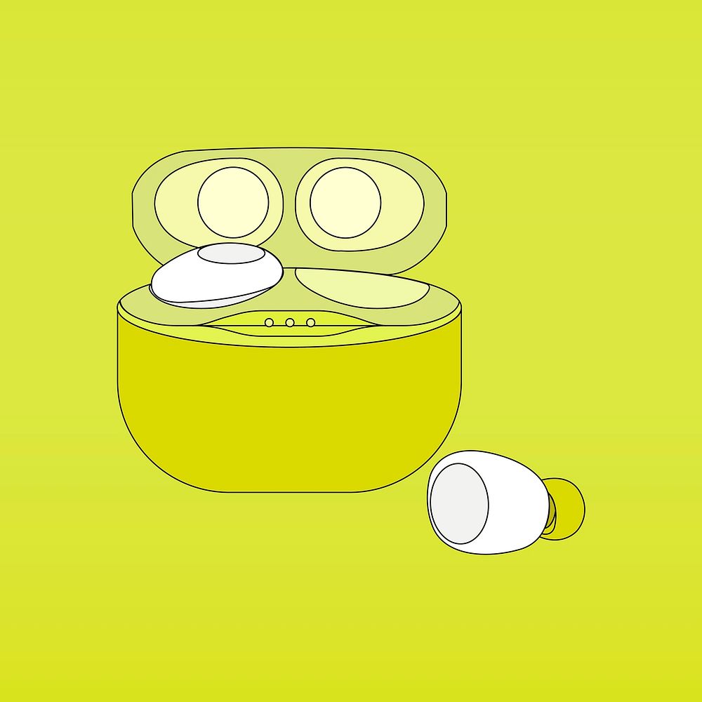 Wireless earbuds, green case, entertainment device illustration