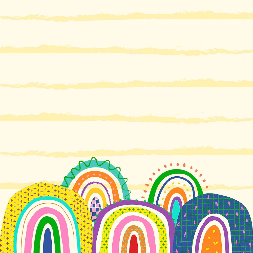 Pastel yellow background, funky doodle rainbow