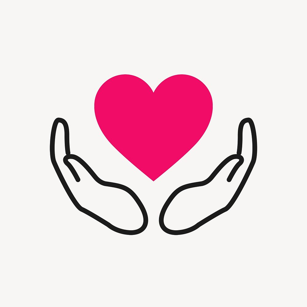 Charity logo, hands supporting heart icon flat design illustration