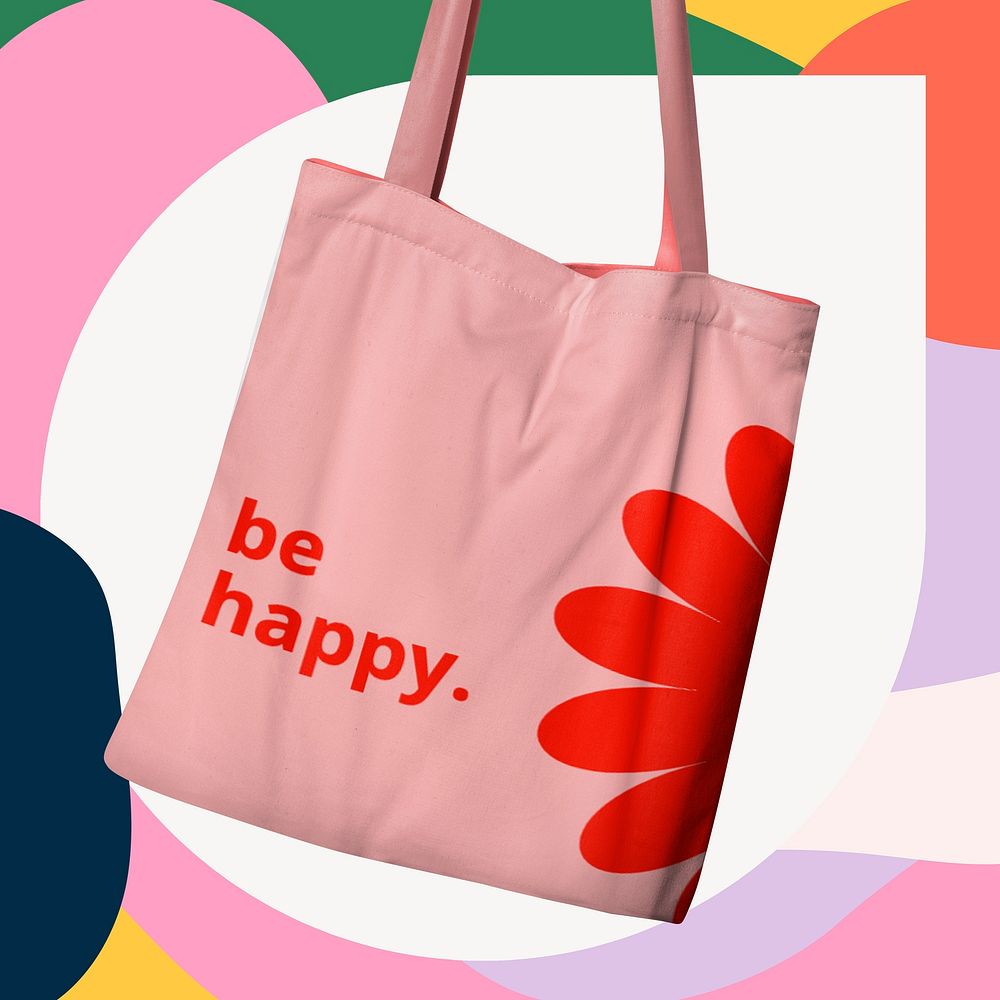 Cute pink tote bag, happy text