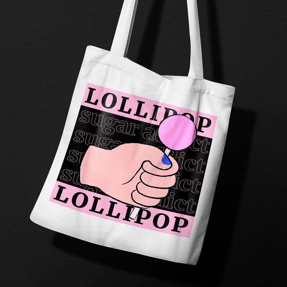 Lollipop tote bag mockup, cute funky doodle in black and pink psd