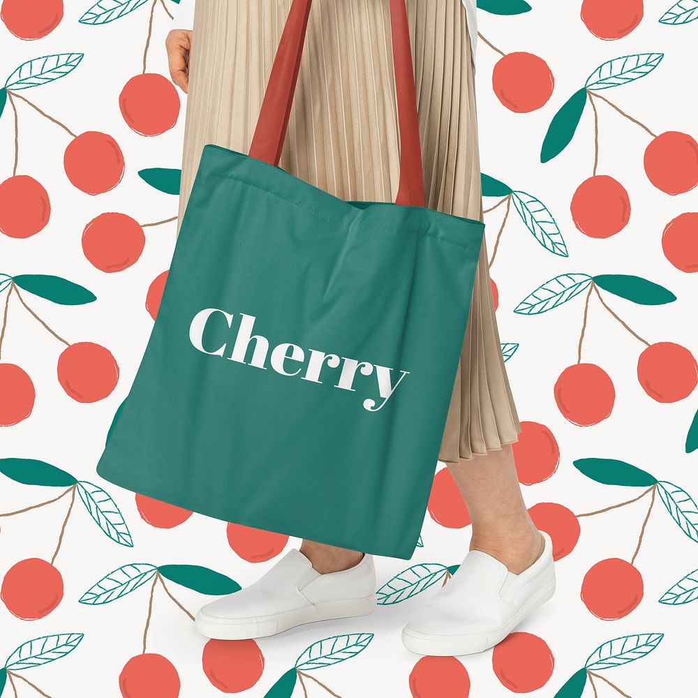 Green tote bag, cherry design