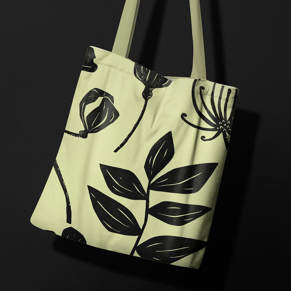 Tote bag mockup, black botanical design psd