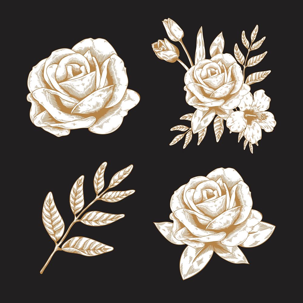 Gold rose and leaf sticker vector set