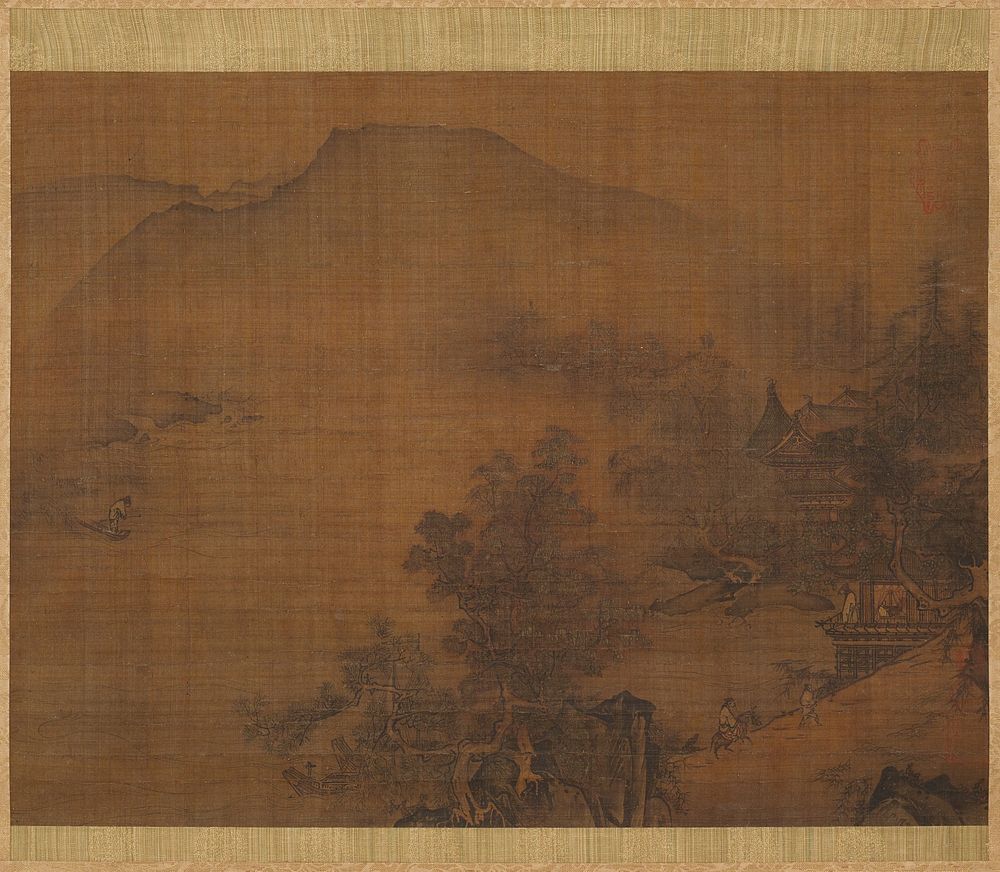 landscape scene with rooftops on R between trees; pavilion at LR with figure on balcony overlooking the bay; figure on…