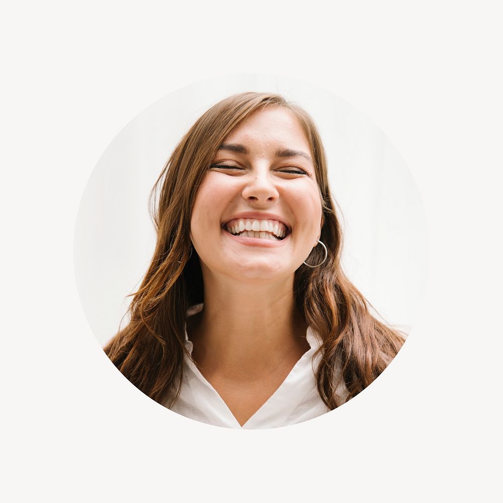 Smiling woman, round badge psd