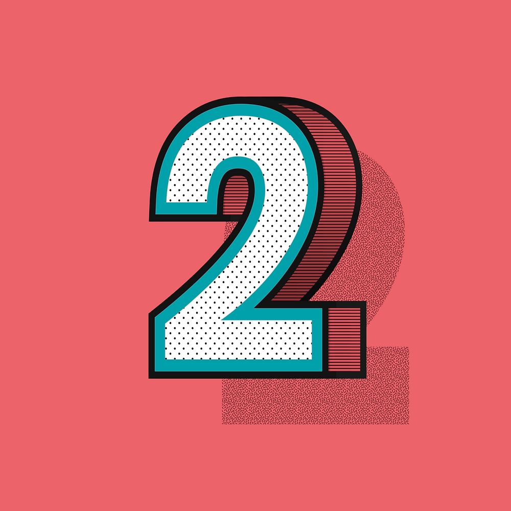 3D number 2 isometric halftone style typography