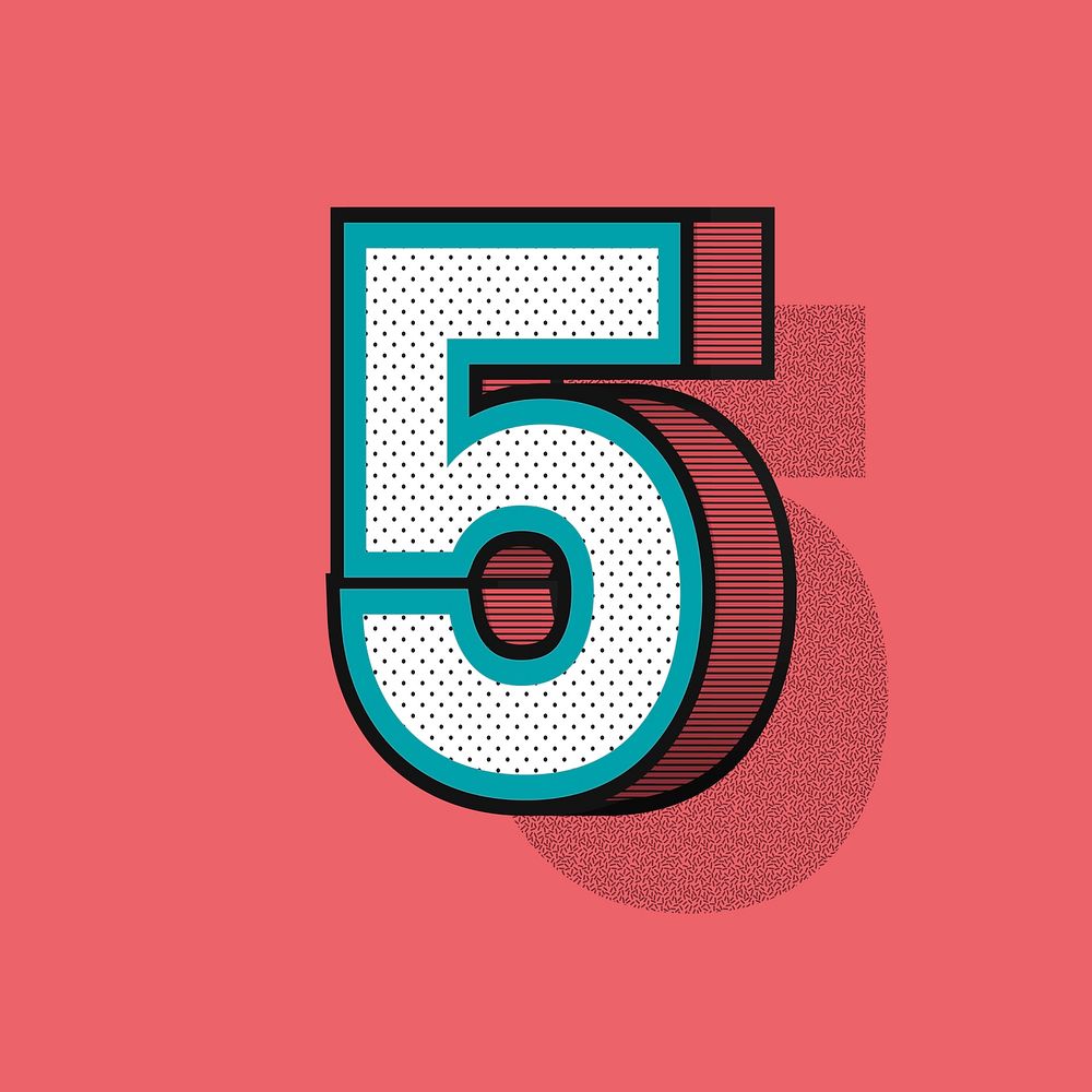 3D number 5 isometric halftone style typography