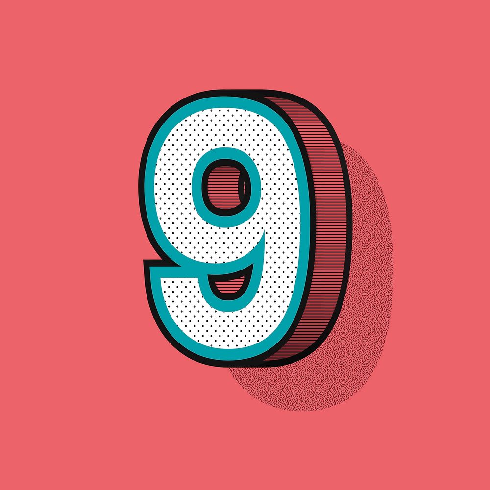 Number 9 3D halftone effect typography