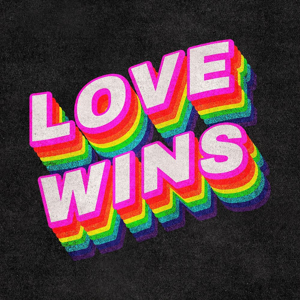 LOVE WINS rainbow word typography on black background