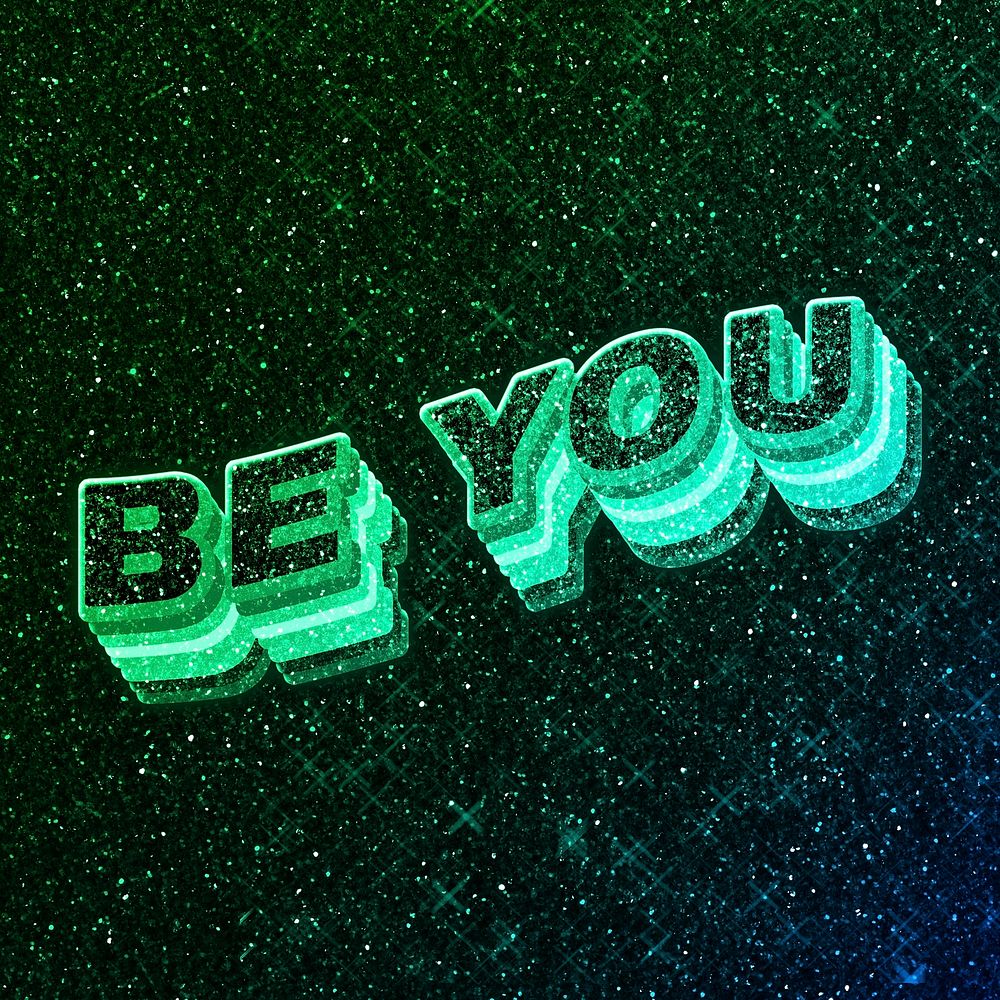 Be you word 3d vintage wavy typography illuminated green font