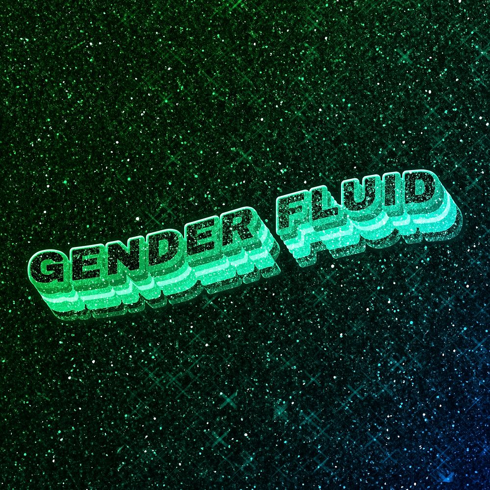 Gender fluid word 3d vintage wavy typography illuminated green font