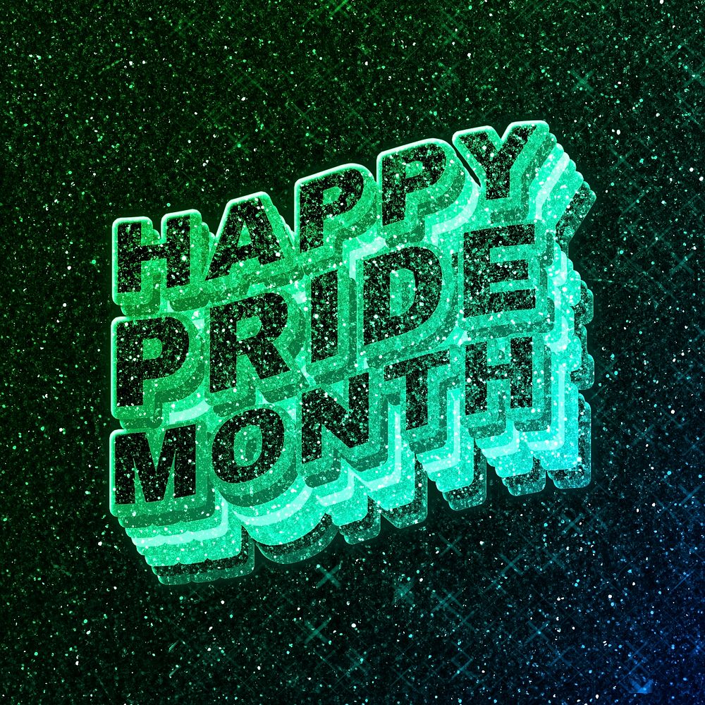 Happy pride month word 3d vintage wavy typography illuminated green font