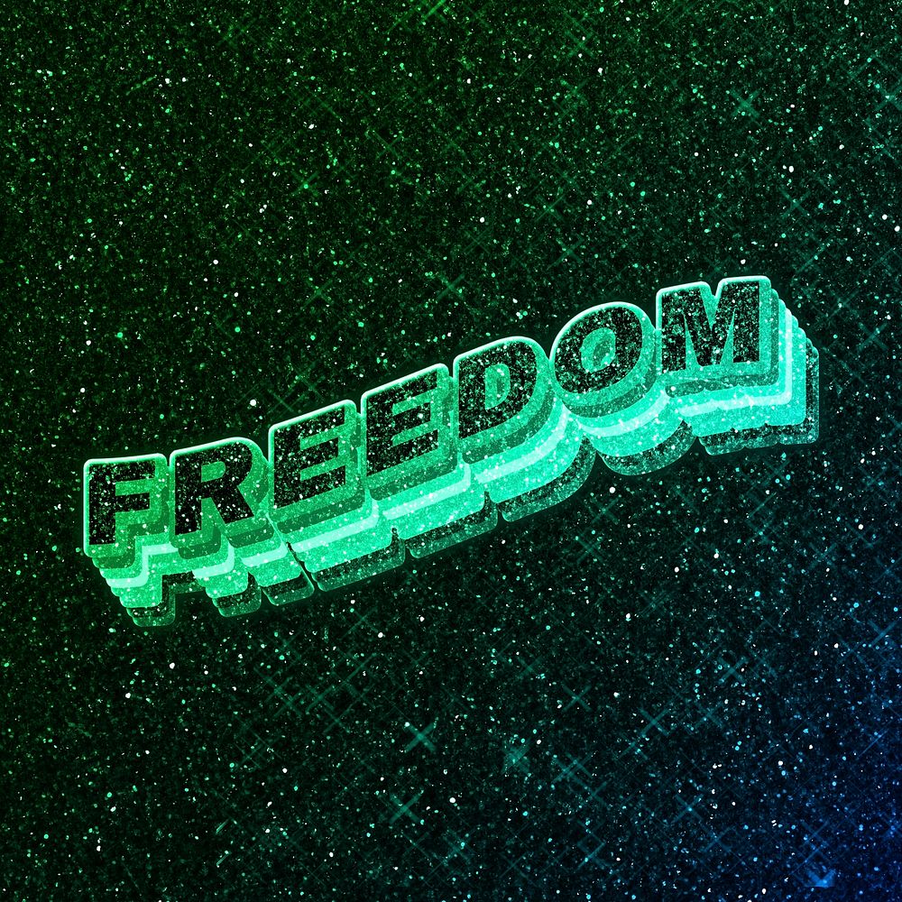 Freedom word 3d vintage wavy typography illuminated green font
