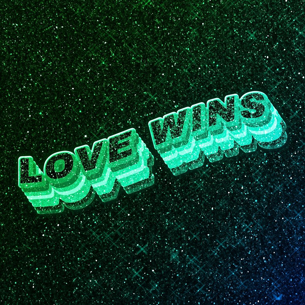Love wins word 3d vintage wavy typography illuminated green font